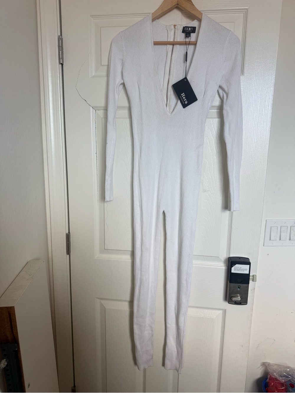 Hera Collection White Ribbed Deep V Long-Sleeve Jumpsuit